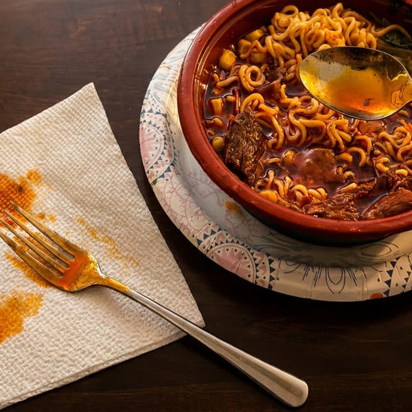 A bowl of ramen noodles with beef and chickpeas, a spoon, and a stained napkin on a wooden table.