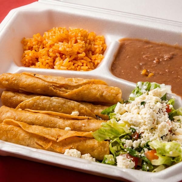 A takeout container with taquitos, rice, refried beans, and a side salad with crumbled cheese.