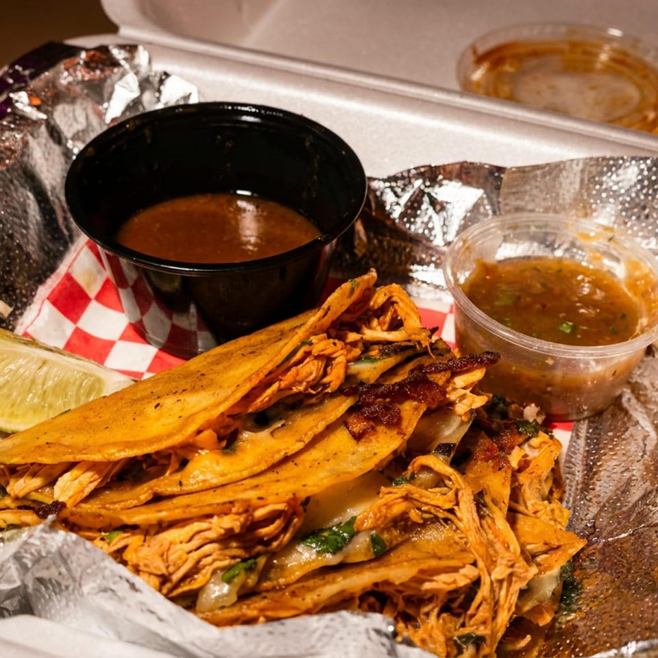 Birria tacos with lime wedges and two containers of salsa in a foil-lined takeout container.